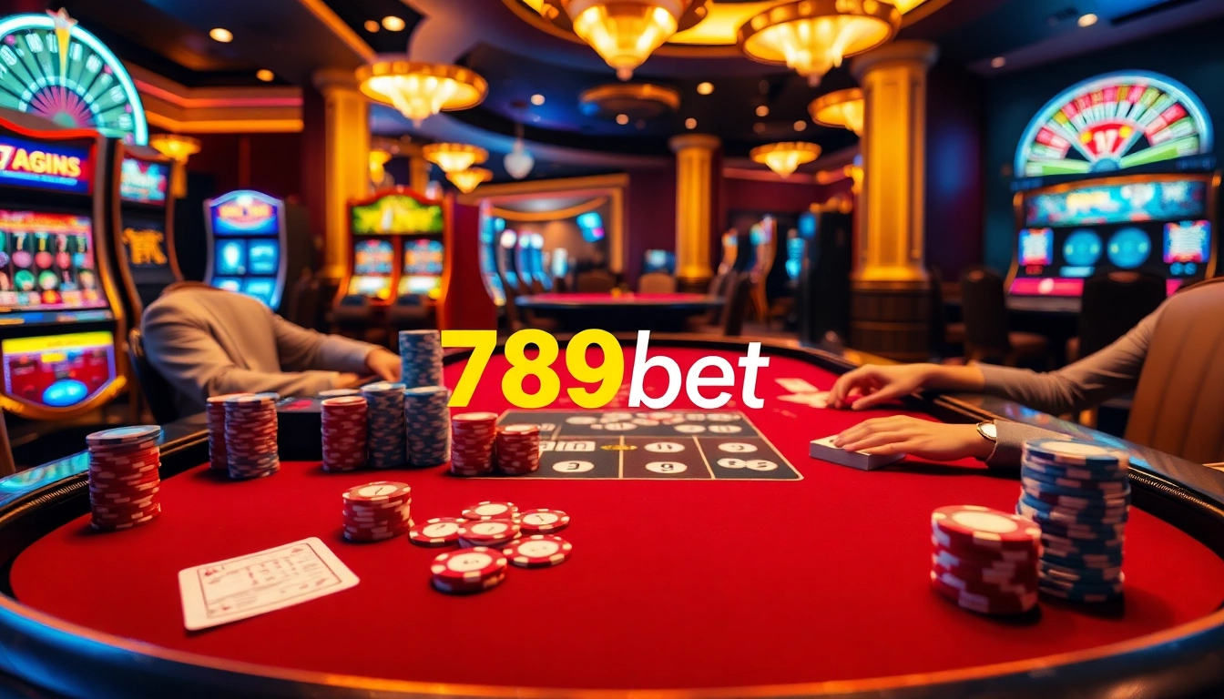 Exciting poker action at 789bet casino, featuring vibrant chips and a roulette wheel.