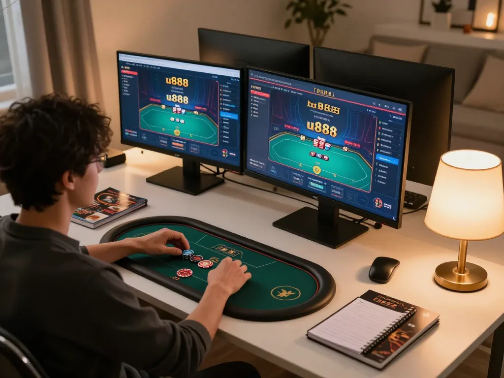 Engaged player strategizing in a stylish online gaming setup for u888 poker, showcasing screens and notes.