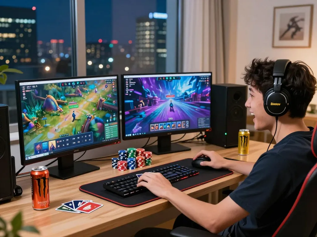 A gaming enthusiast enjoying the Sunwin platform, surrounded by colorful gaming elements and a vibrant city skyline.