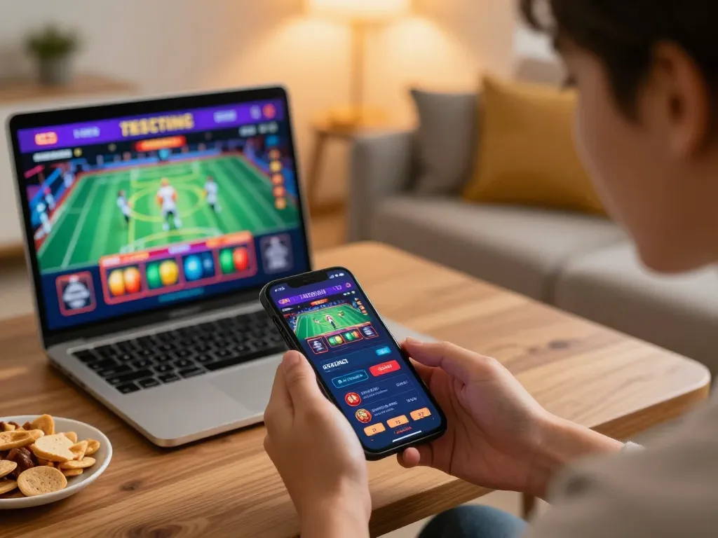 Engaged user strategizing sports betting on the mu88 app in a cozy home setting.