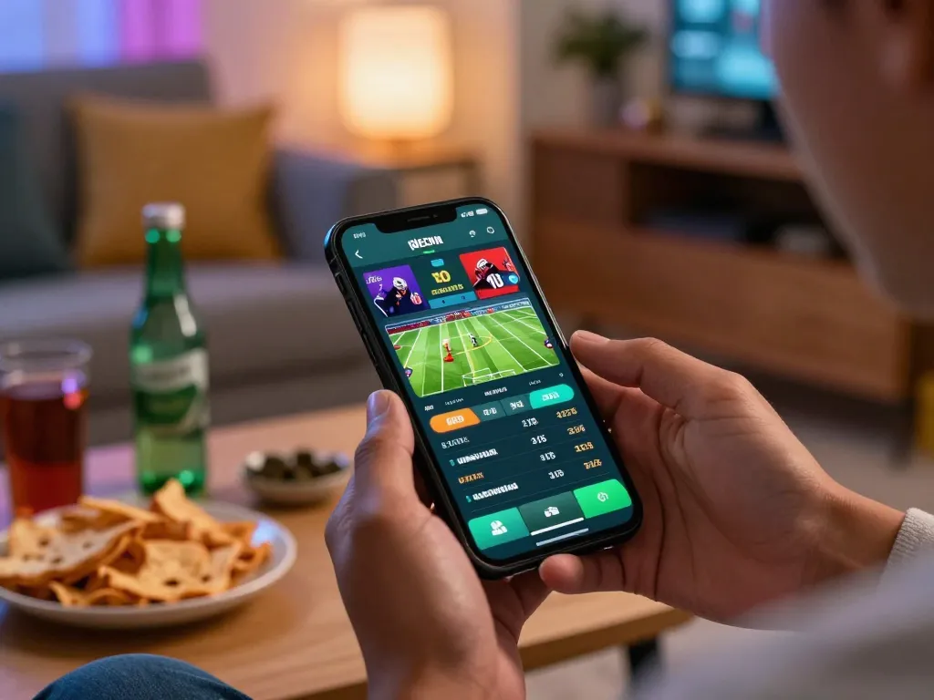 Engaging in keo nha cai action on mobile app, enjoying live betting experience in cozy home setting.