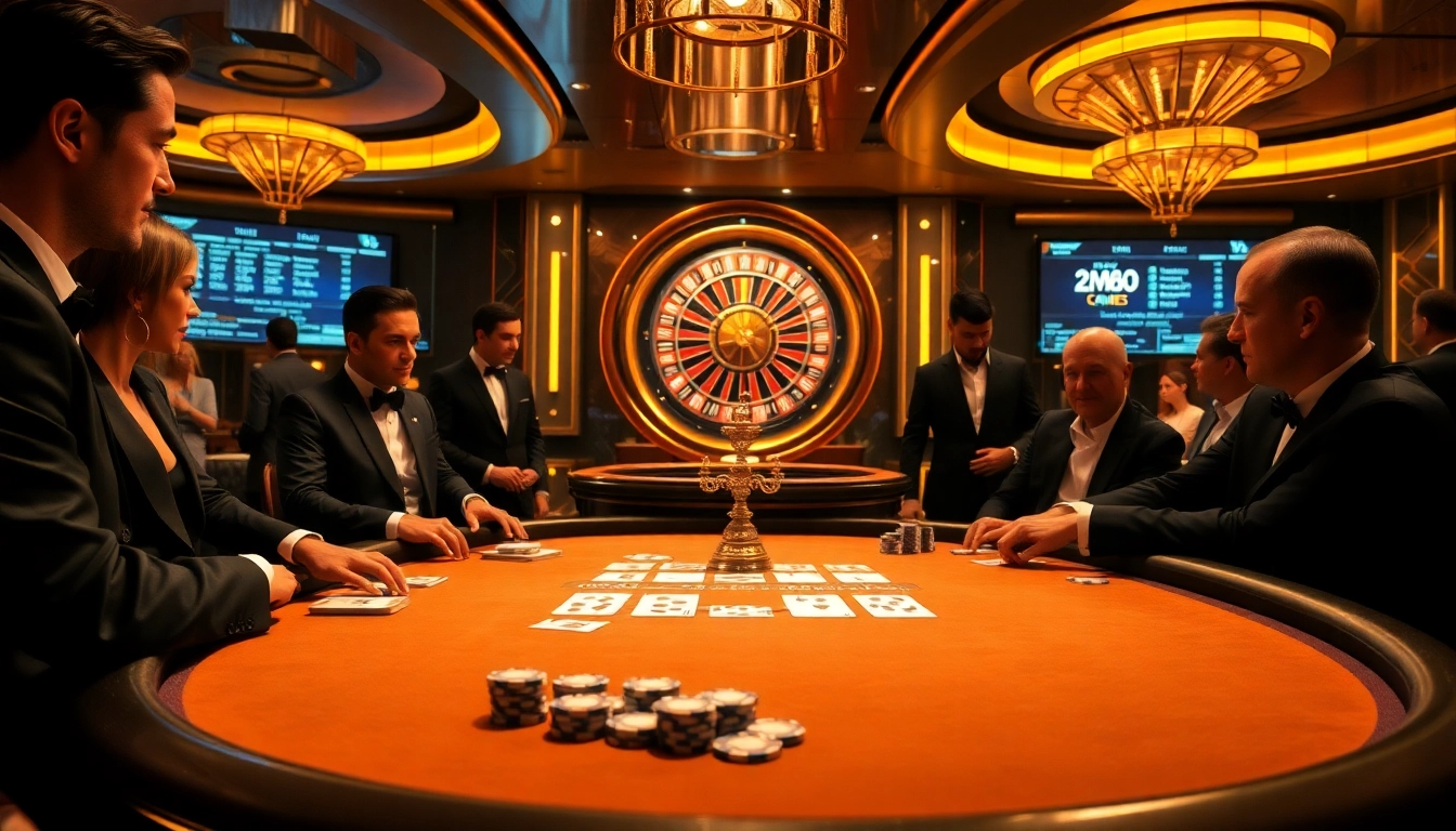 Engaging players at a luxurious casino table showcasing km88 com poker chips and vibrant roulette.