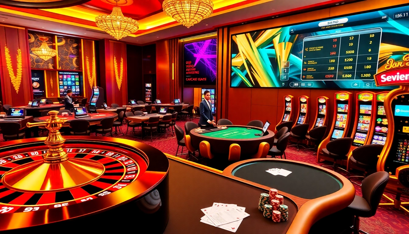 Engaging casino scene depicting online gambling at 888VND, featuring roulette, poker chips, and dynamic slot machines.