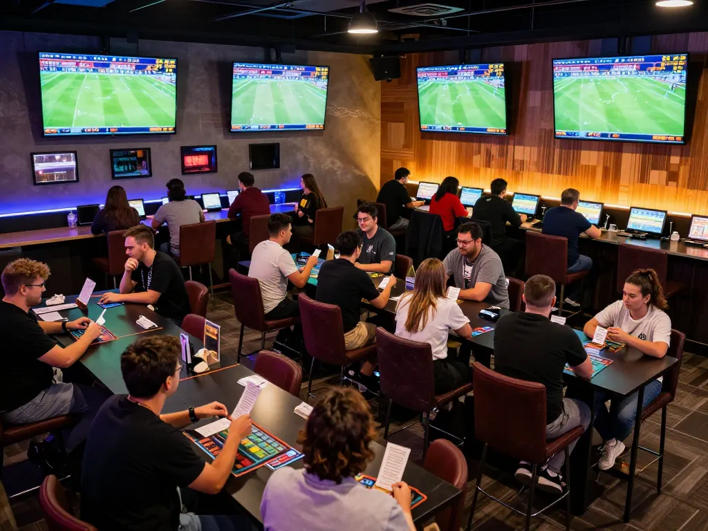 Fans engaging in footballl betting at a lively sports lounge with live match displays.