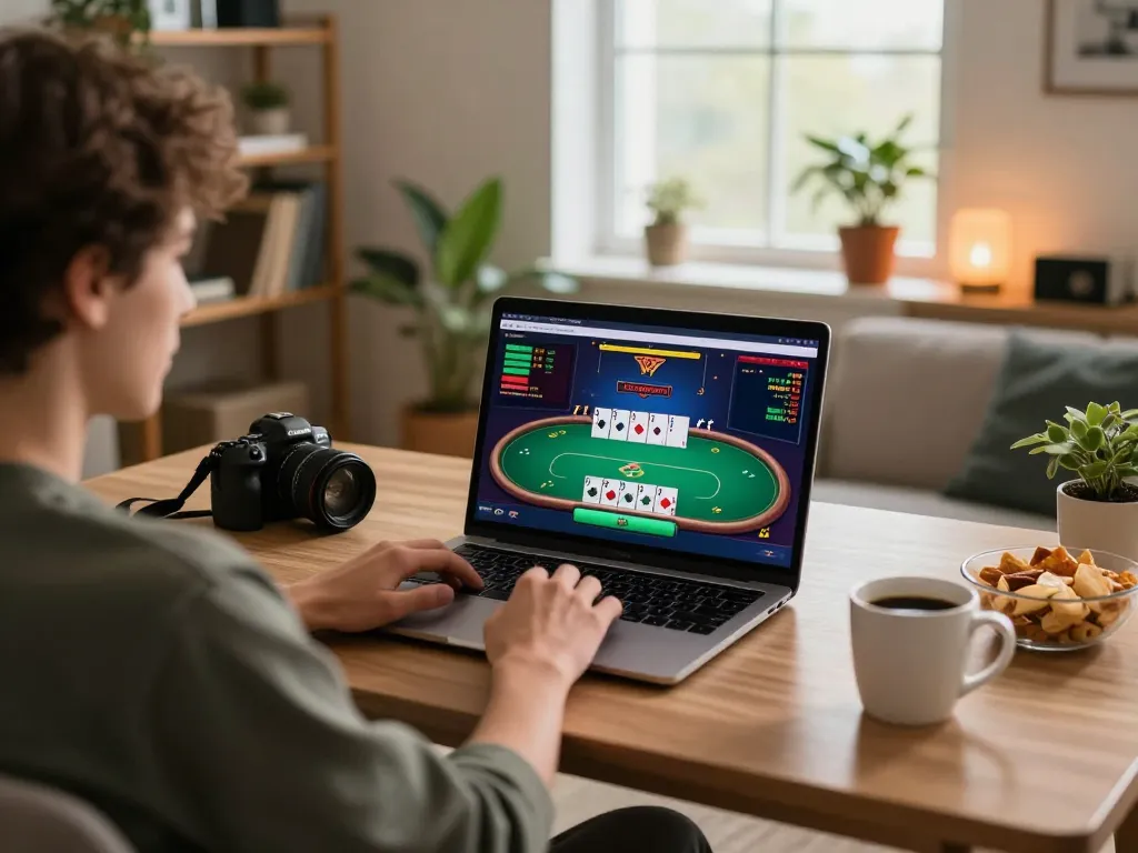 68win player enjoying an online poker game at home with strategic notes nearby.