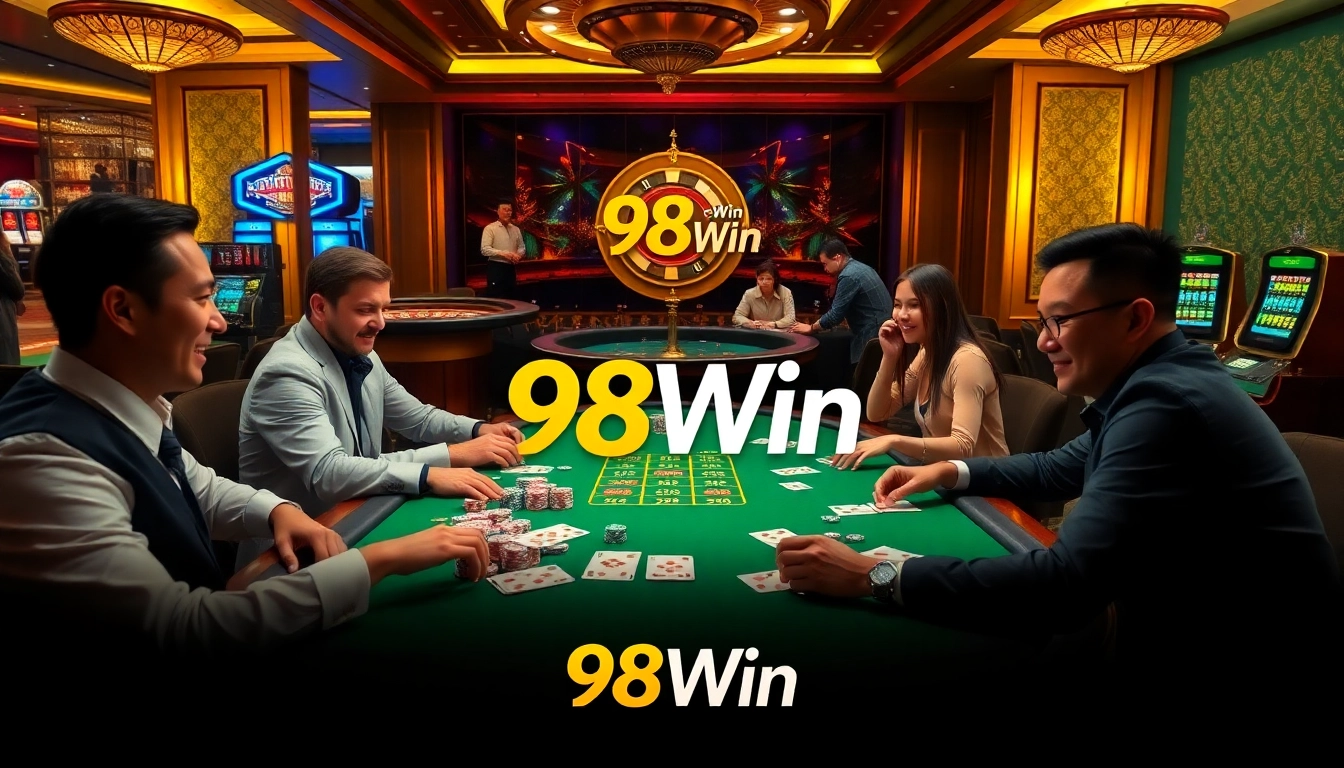 Engaged players at a luxurious 98Win Poker table, showcasing vibrant chips and an exciting casino atmosphere.