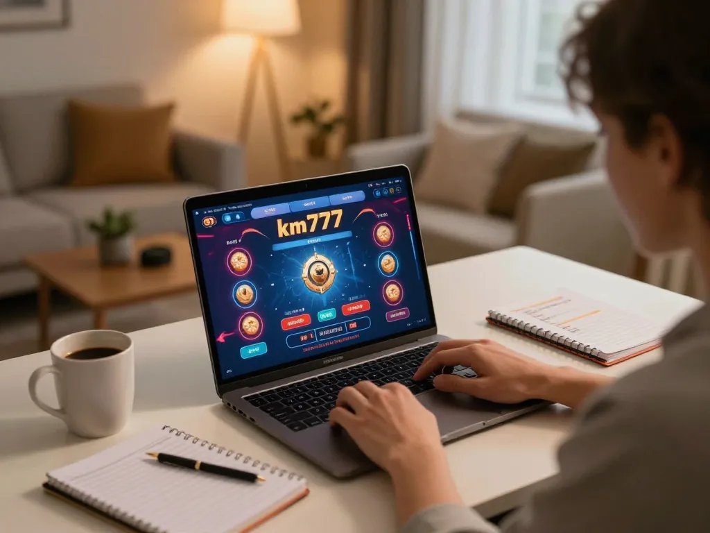 Engaging player enjoying km777 online casino gameplay on laptop at home, cozy atmosphere