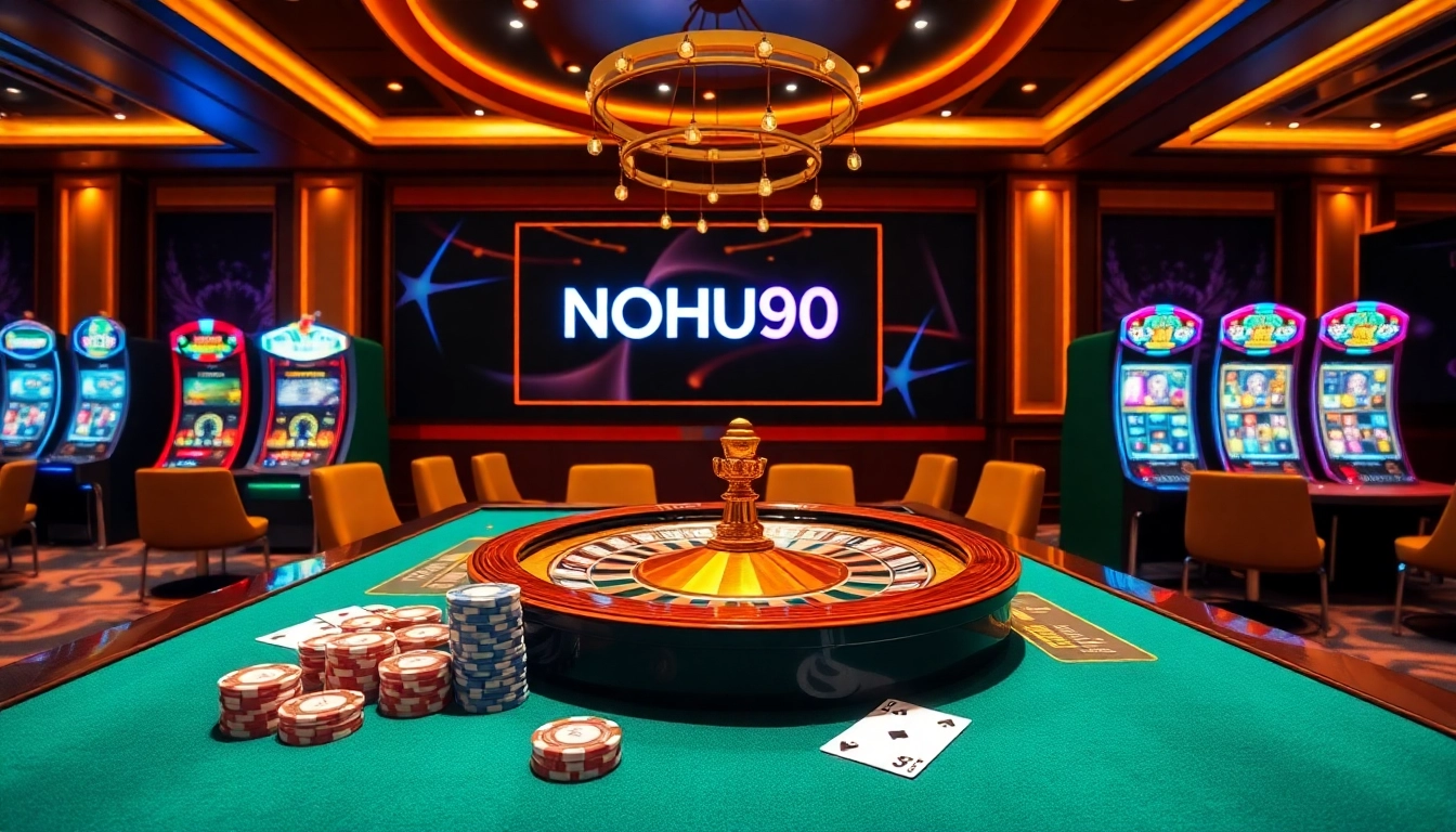 Nohu90 casino experience with vibrant tables, poker chips, and roulette for online gamblers.