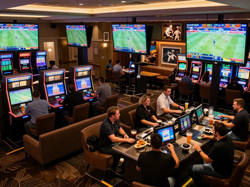 Engaged bettors analyzing odds at a sports betting lounge while enjoying a thrilling experience with keo nha cai