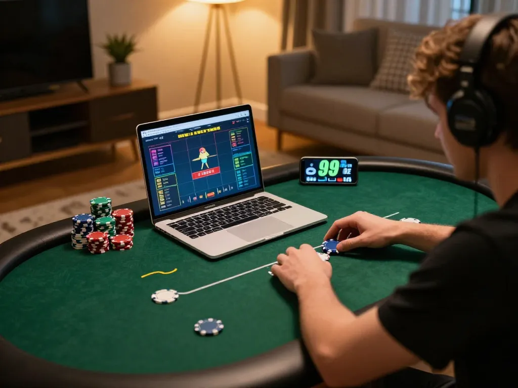 A player enjoying an intense poker game with 999bet on a laptop, reflecting the excitement of online gambling.