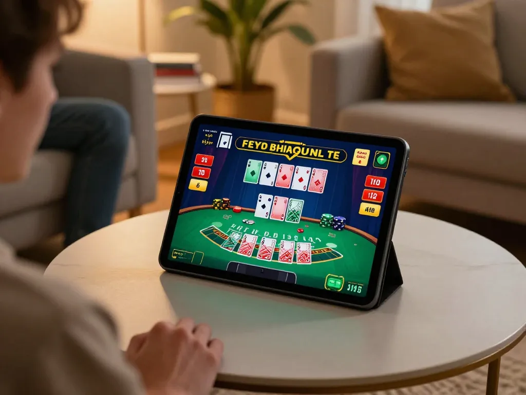 Engaging vu88 online blackjack game displayed on tablet in a cozy home setting