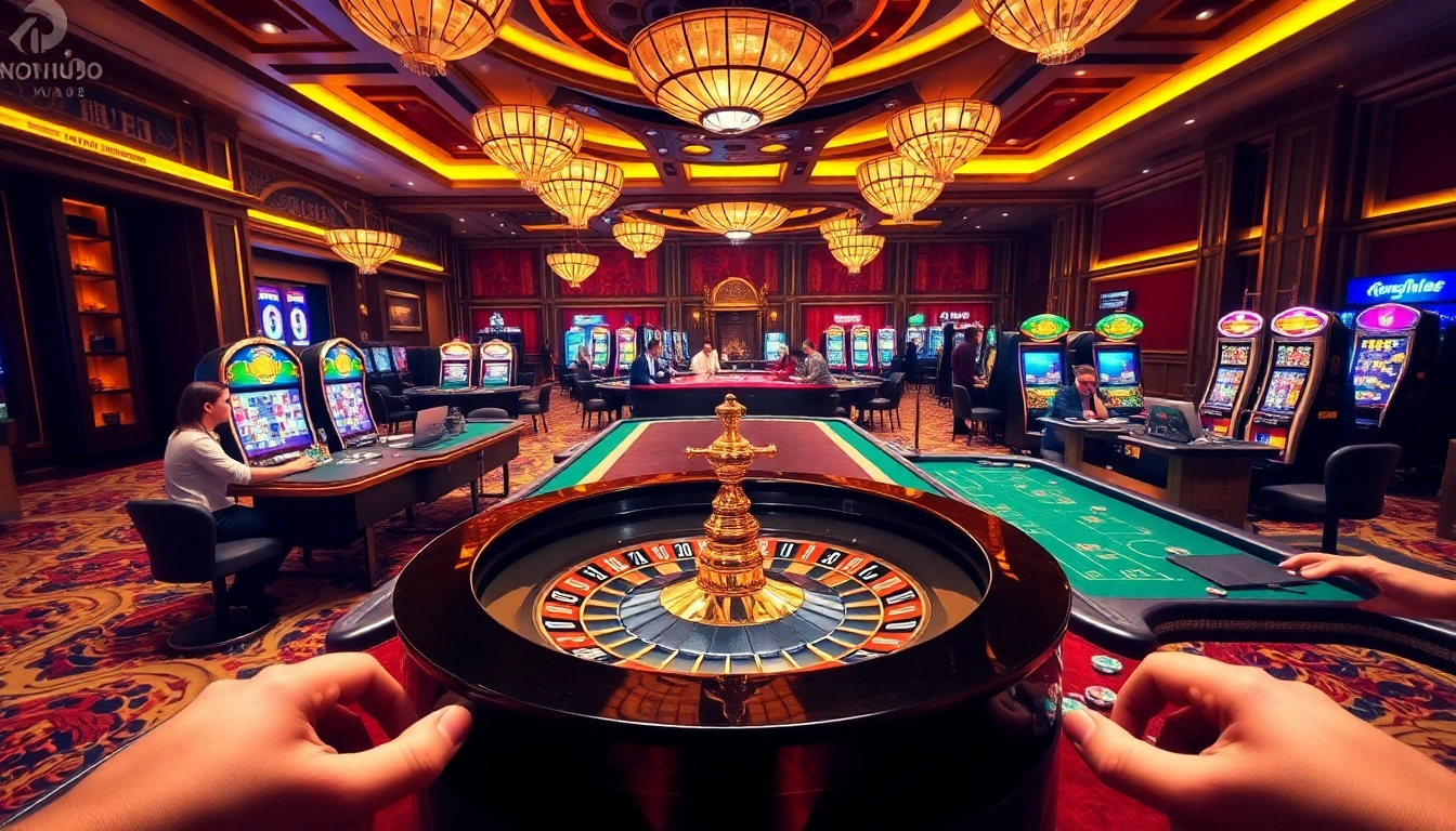 Engaged players strategizing wins at NOHU90 casino tables with vibrant slot machines.