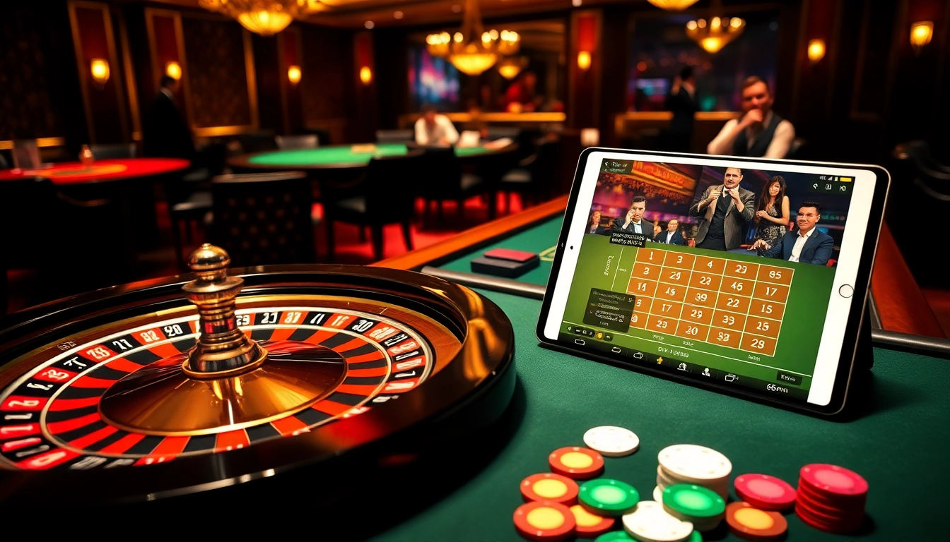 Exciting casino scene showcasing professional gambling action at https://56win.to/ with roulette and poker tables.
