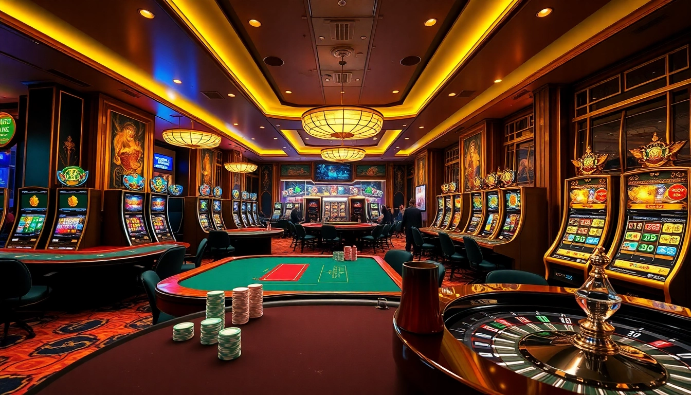 LUCK8 players engaging at lively casino tables filled with colorful chips and slot machines.