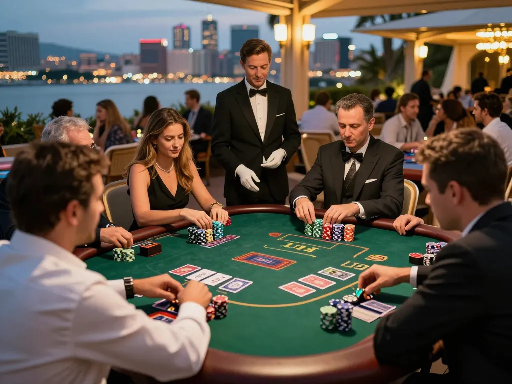 Players enjoying blackjack at 789Win casino with vibrant city lights in the background