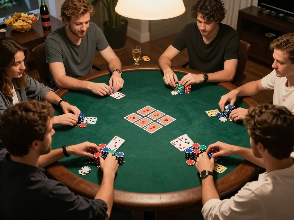 Bong88 players strategizing at a home poker game with colorful chips and snacks.