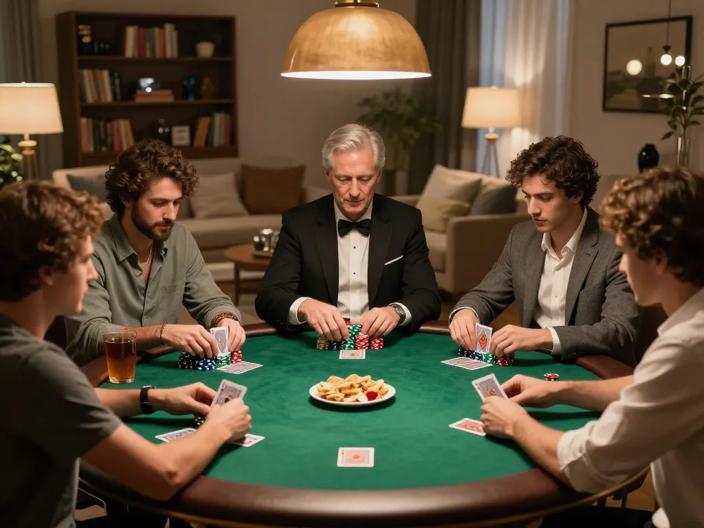 Friends playing poker at home; five88 highlights social gambling strategies and competitive fun.