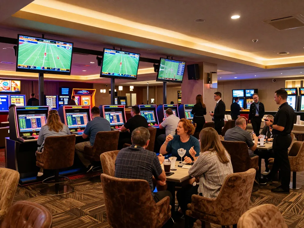 Kết quả bóng đá updates being followed by excited bettors in a modern sports lounge.