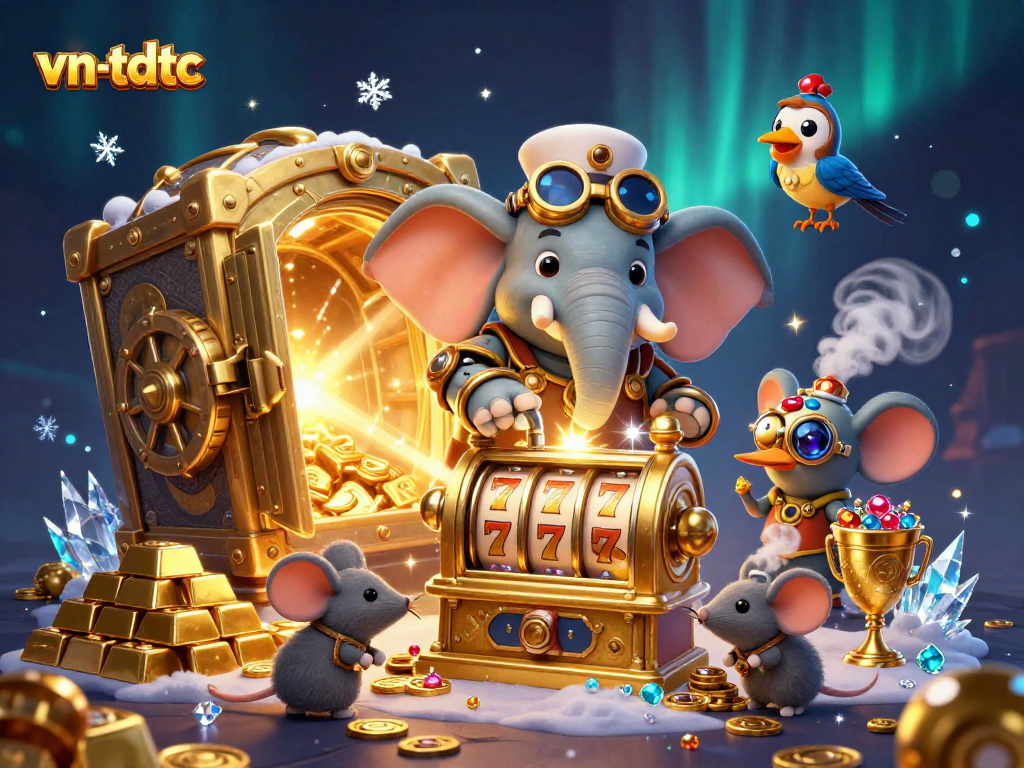Spin the golden slot machine with vn-tdtc's whimsical steampunk engineer amidst treasure vaults and dazzling gems.