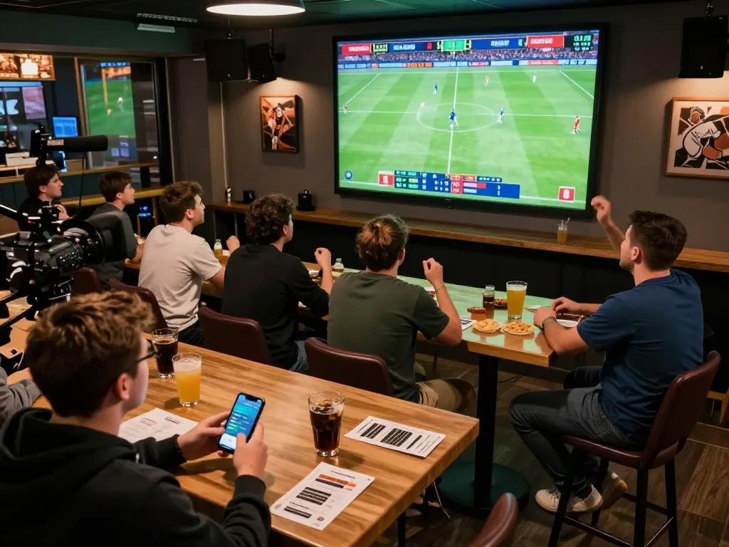 Engaged bettor placing bets on sbobet while enjoying live sports in a vibrant sports bar atmosphere.