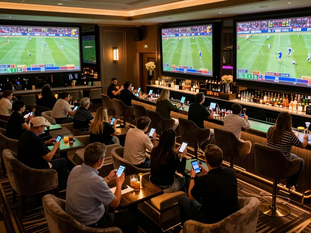Engaged sports fans placing bets in a luxurious betting lounge, showcasing bsport excitement and vibrant atmosphere.