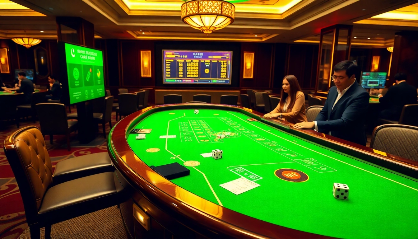 Tài xỉu MD5 gaming table showcasing intense betting atmosphere with elegant players and vibrant decor.