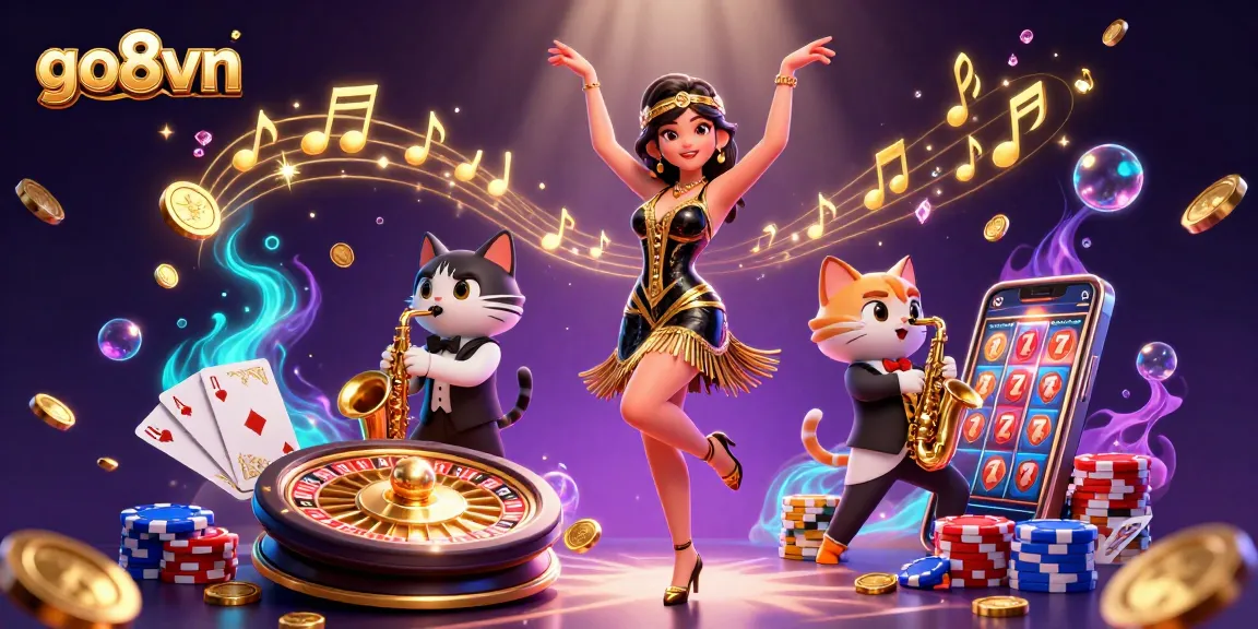 Join go8vn for an exciting casino experience with vibrant characters amidst dynamic gaming elements.