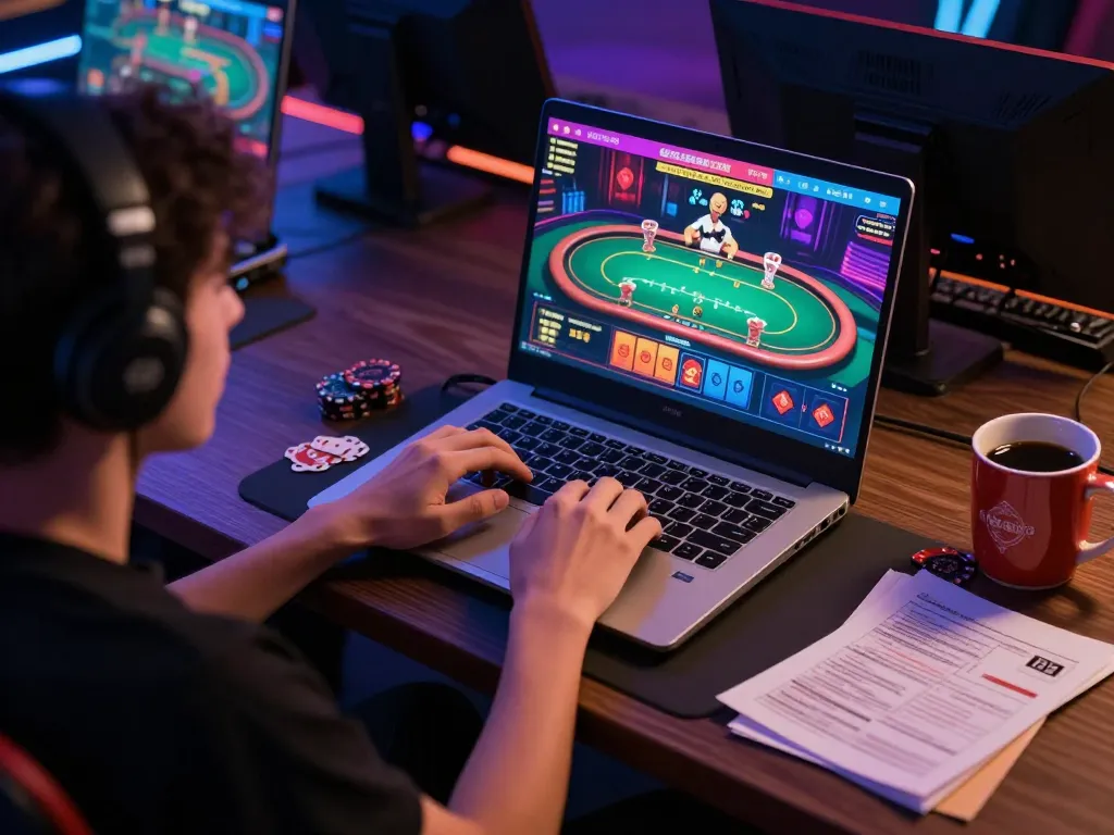 Engaged player enjoying online gaming at 13win co with colorful casino interface and strategic notes