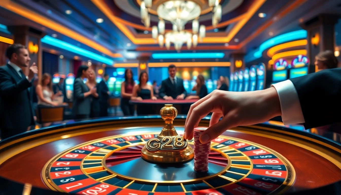 G28 branding on a luxury casino roulette table with vibrant players nearby.