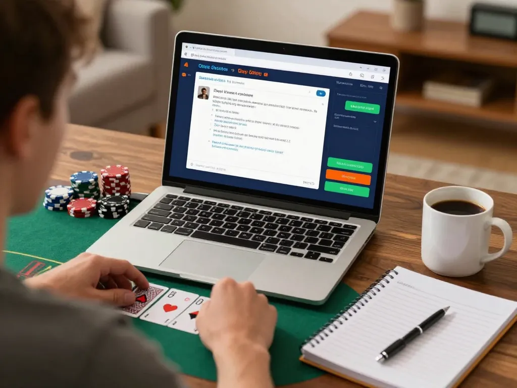 Player strategizing poker at home with HI88 online casino app display, showcasing winning techniques.