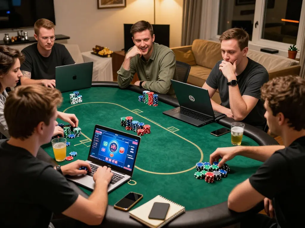 Players enjoy an online poker game using sunwin, showcasing colorful chips and enthusiastic reactions.