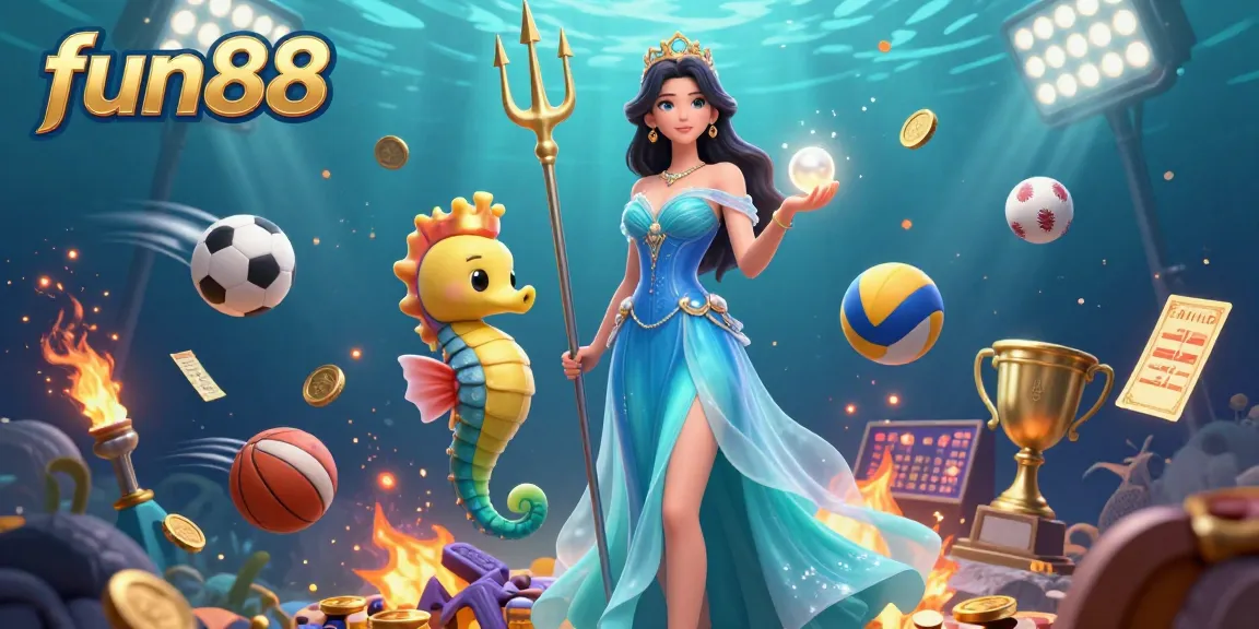 Experience thrilling betting action with fun88 in this vibrant 3D underwater casino scene featuring treasure and sports elements.