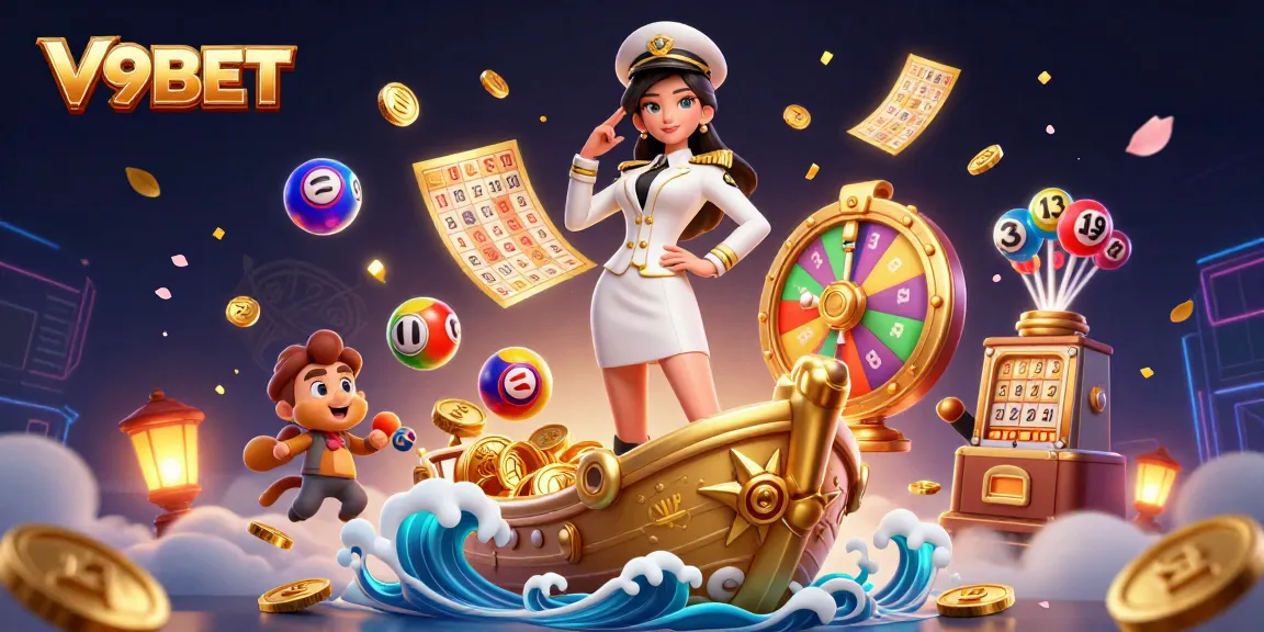 Win big at V9BET with exhilarating games and colorful lottery elements in a vibrant casino scene.