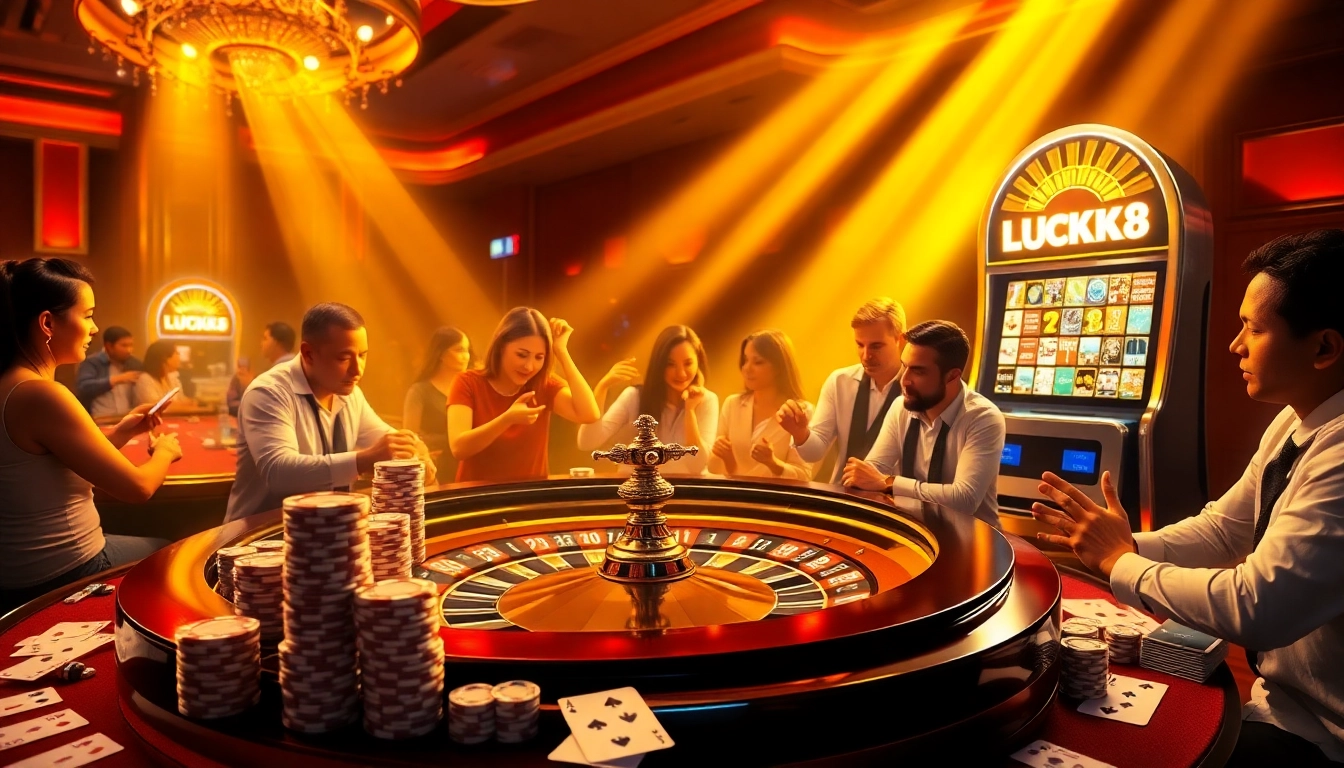 LUCK8 players engaged in intense gameplay at a luxurious casino table.