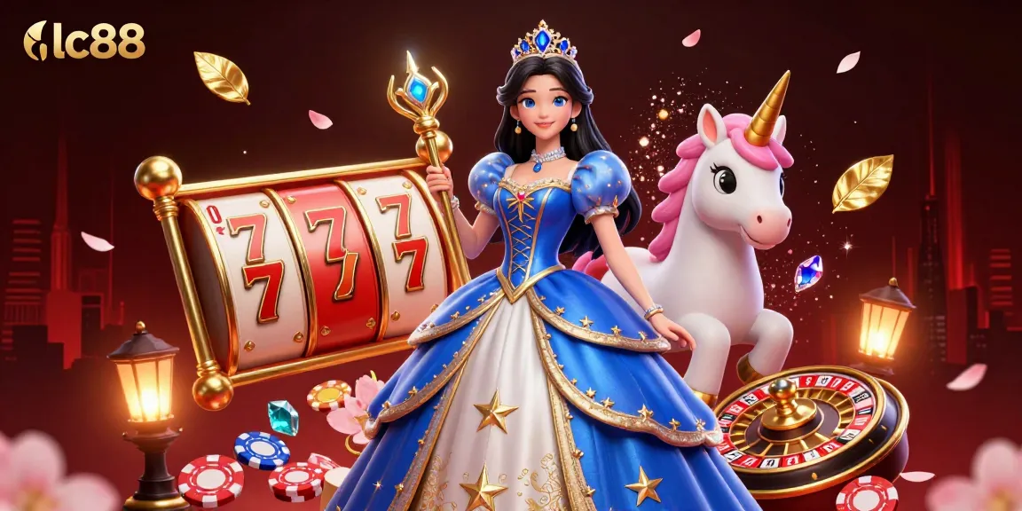 Experience thrilling moments at lc88 with dazzling slot reels and enchanting casino elements in this vibrant scene.