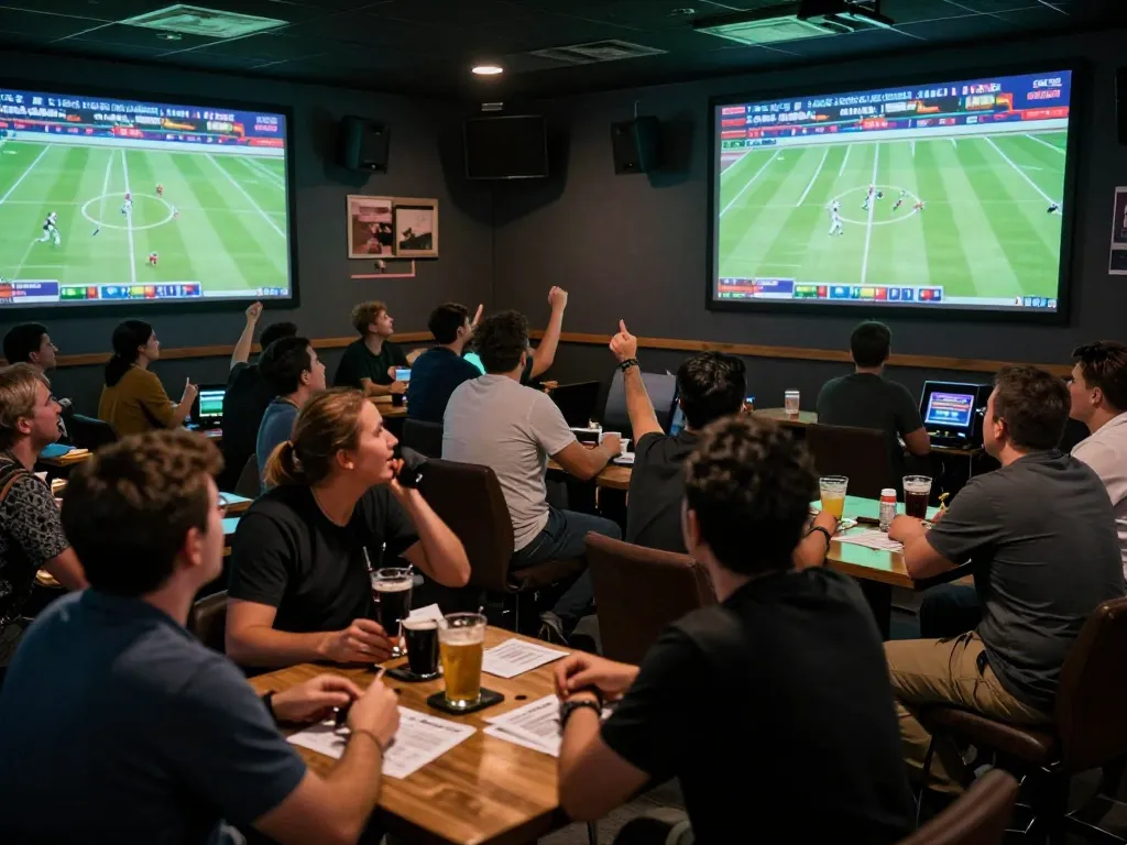 Kết quả bóng đá being analyzed by fans placing bets in an energetic sports bar atmosphere
