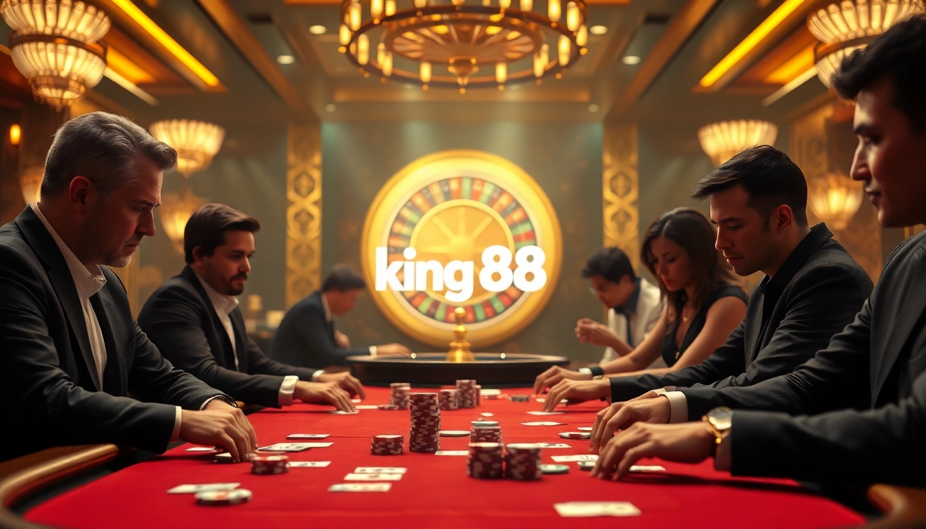 Players engaged in a thrilling high-stakes game at king 88 casino, showcasing exciting poker action.