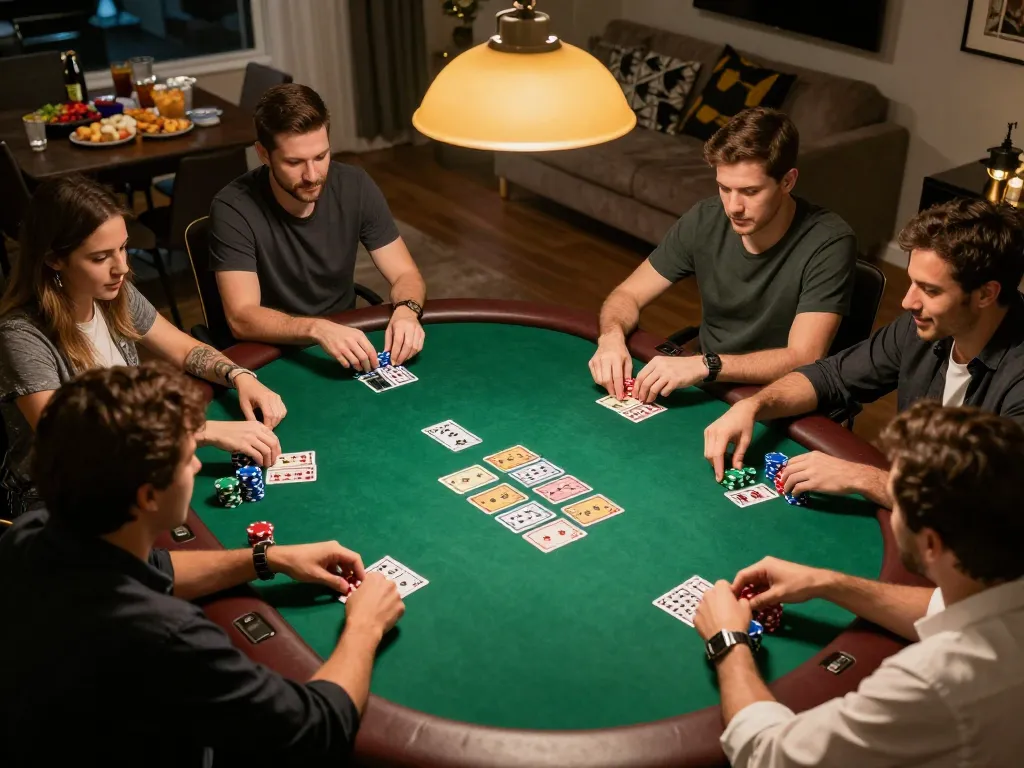 Players engaging in a fun home poker night at Lv 88, with colorful chips and cards in action.