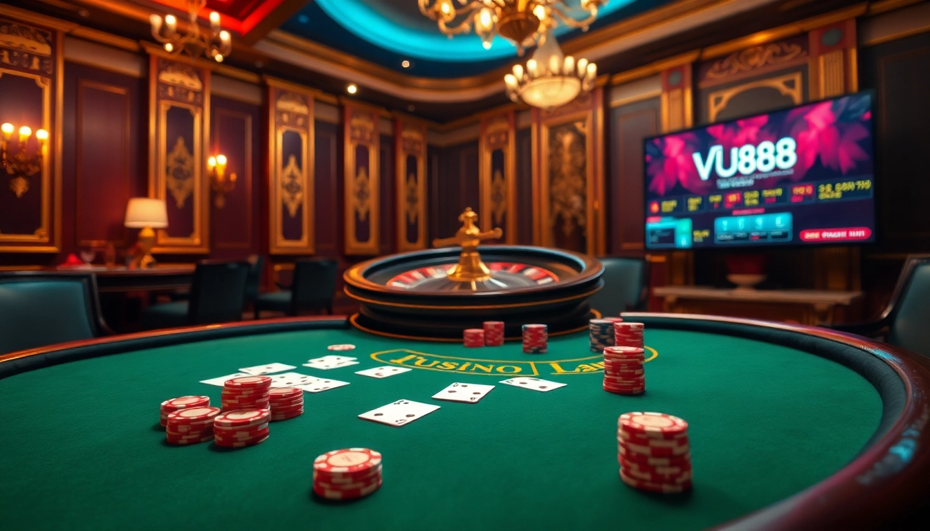 Experience the excitement of VU88 online gambling with immersive poker gameplay and luxury casino visuals.