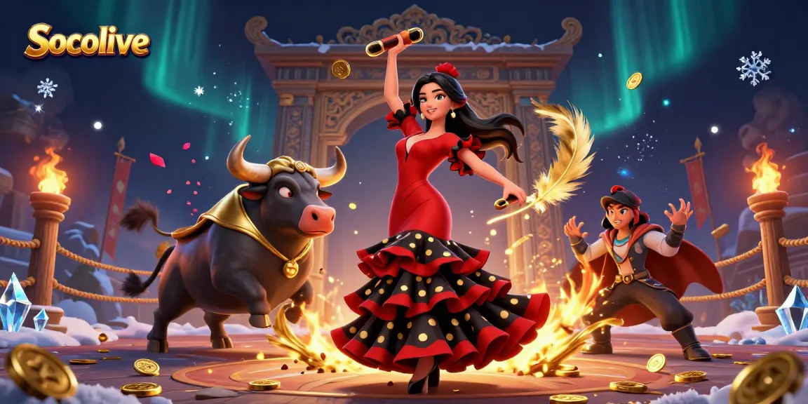 Socolive offers vibrant sports betting illustrated with a flamenco dancer, a bull, and immersive casino details.