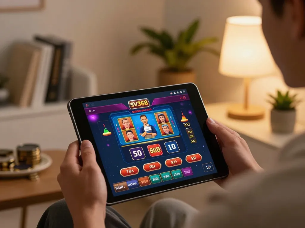 Player engaging in SV368 mobile casino gaming with vibrant interface and cozy setup.