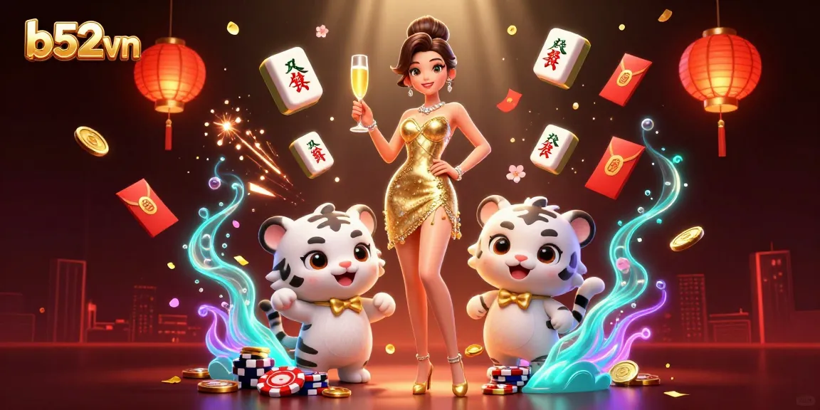 Win big with b52vn, featuring a glamorous lady and a lucky tiger amidst vibrant casino elements.