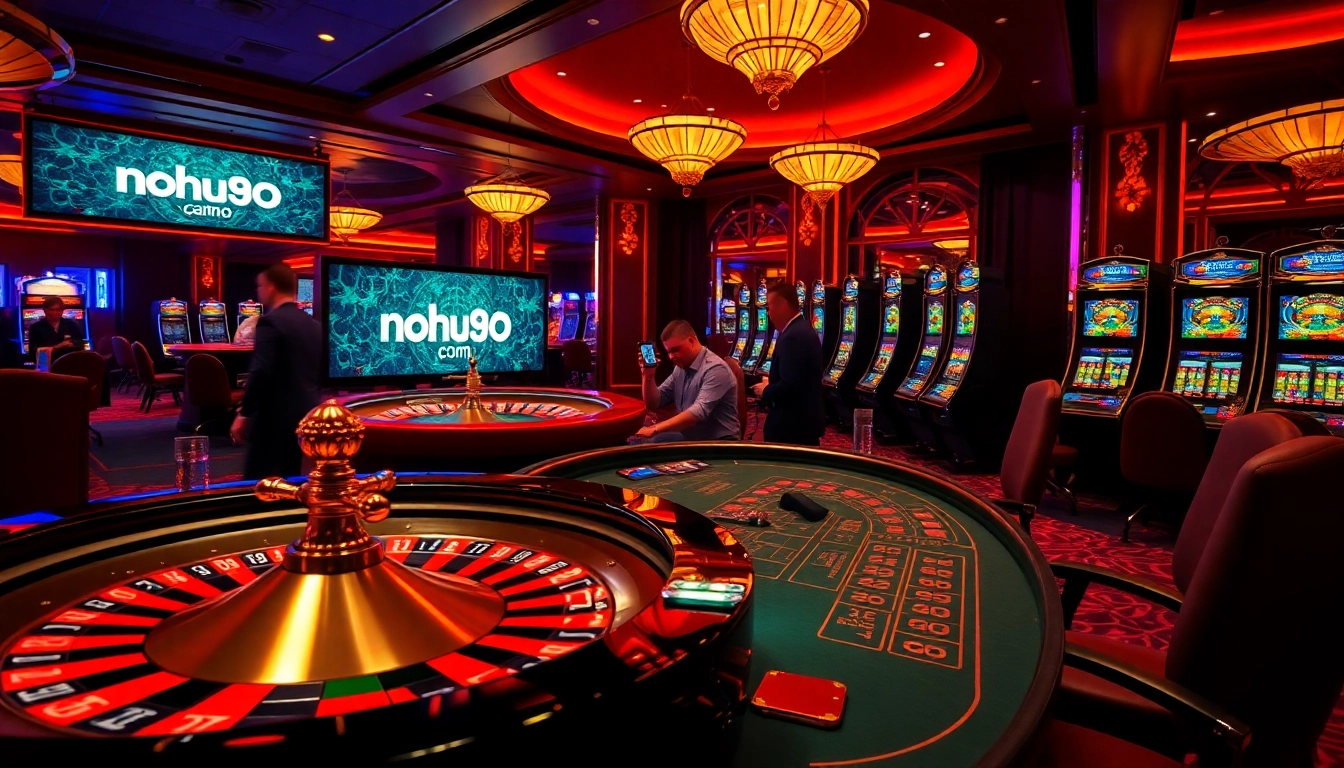 Players enjoying exciting games at nohu90.com casino, featuring vibrant atmosphere and luxury decor.