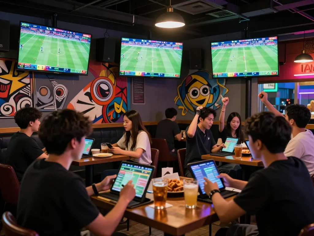 Excited bettors placing keo nha cai bets at a lively sports bar with screens showing football games.