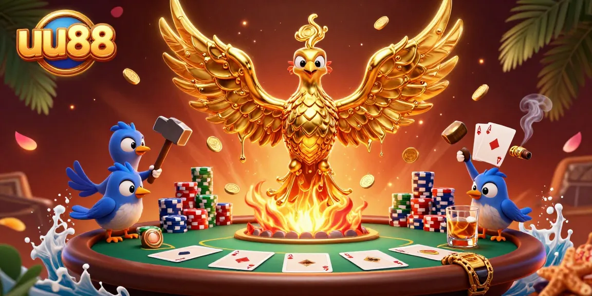 Experience thrilling action at uu88 casino with golden phoenix and poker scene, showcasing vibrant game dynamics.