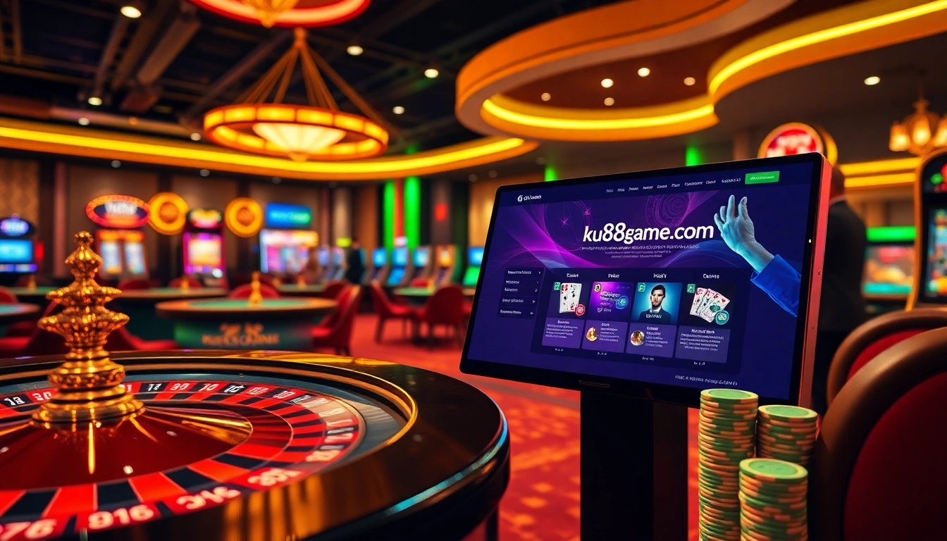 Players engaging in thrilling games at https://ku88game.com/ with vibrant casino tables and dynamic lighting.
