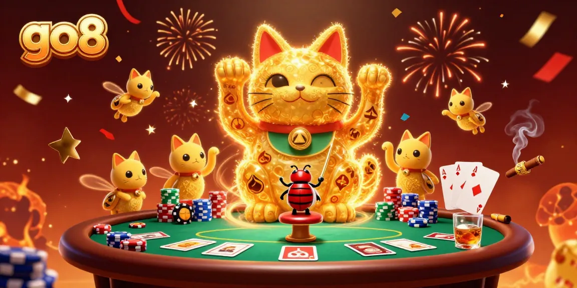 Experience the excitement of go8 with unique casino symbols and dynamic characters in a vibrant scene.