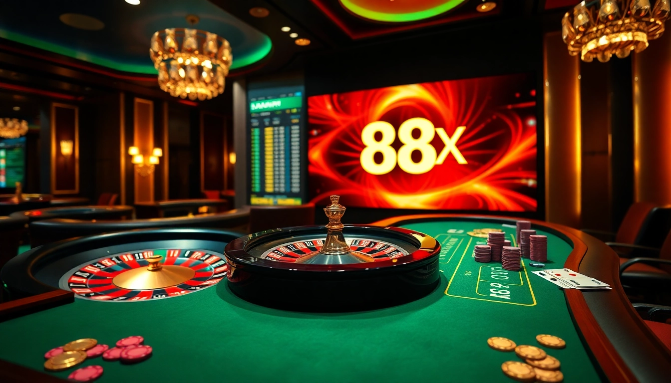 Experience thrilling gameplay at 88XX's vibrant casino with poker chips and roulette action.