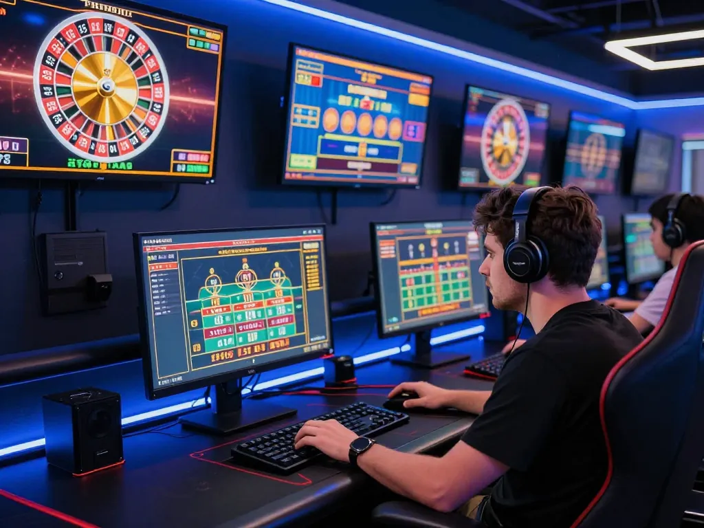 Player engaging in multiple MM88 casino games on advanced gaming setup, highlighting online gambling strategy
