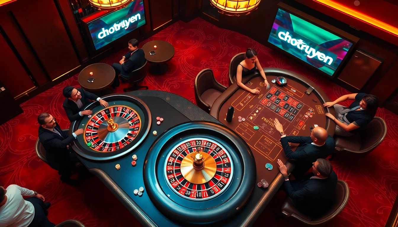 Experience the thrill of gambling at a luxurious casino showcasing chotruyen excitement with poker and roulette.